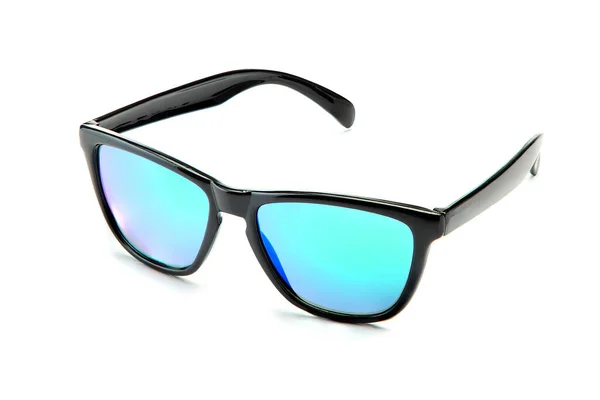 Classic Black Sunglasses Blue Mirror Lenses Isolated White Background — 图库照片