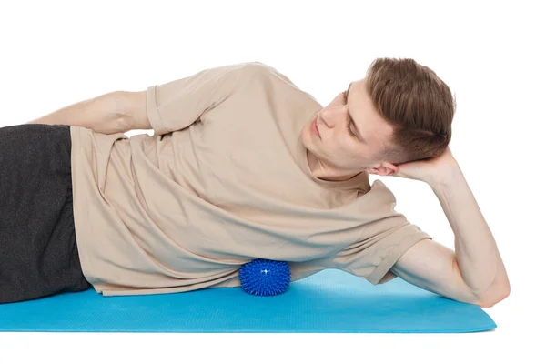 Handsome Man Shows Exercises Using Ball Spikes Myofascial Release Massage — Stock Photo, Image
