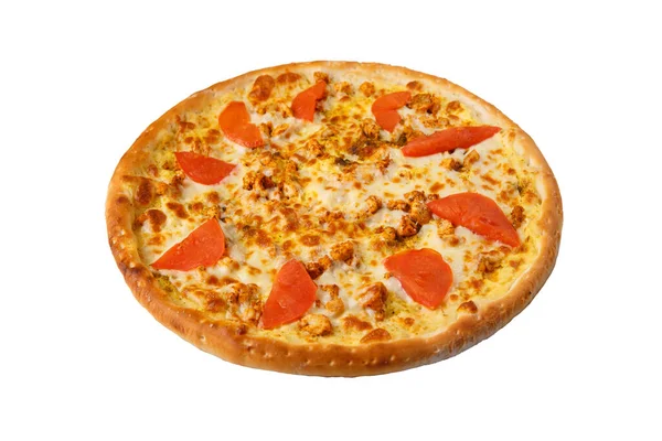 Heerlijke Klassieke Italiaanse Pizza Met Ham Tomaten Kaas Geïsoleerd Witte — Stockfoto