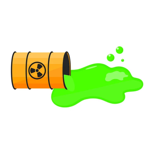 엎지른된 액체와 배럴. 방사성 기호입니다. 녹색 점액 — 스톡 벡터