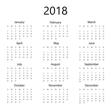 Beyaz arka plan üzerinde 2018 için basit ofis takvim