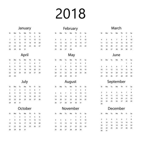 Enkla office kalender för 2018 på vit bakgrund — Stock vektor