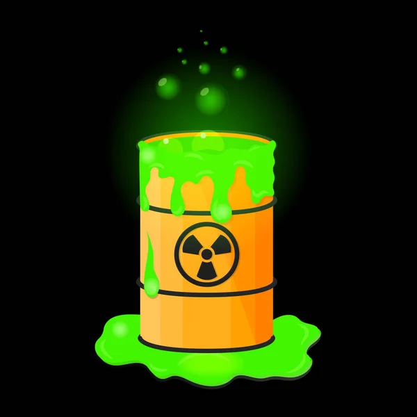 Barril con líquido derramado. Baba verde radiactiva — Vector de stock