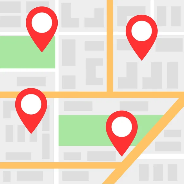 Mapa da cidade com marcadores locais vermelhos —  Vetores de Stock