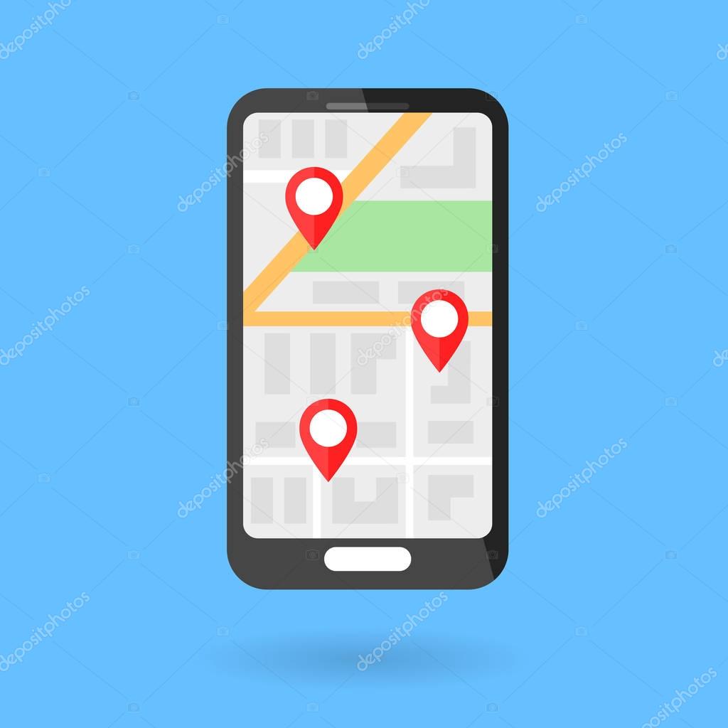 Phone with city map and local markers. Vector flat illustration. GPS navigation. Blue background.