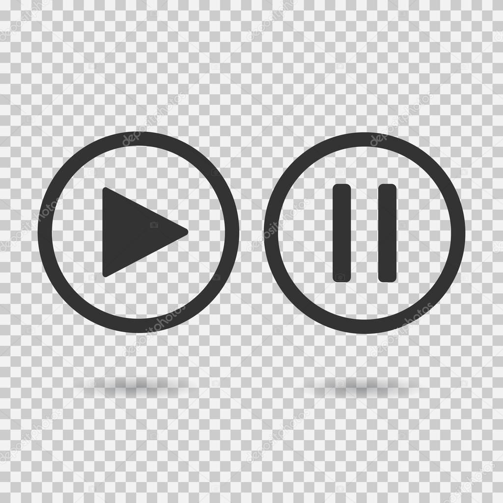 Play button and pause button. Icons with shadow on transparent background. Isolated sign for web.