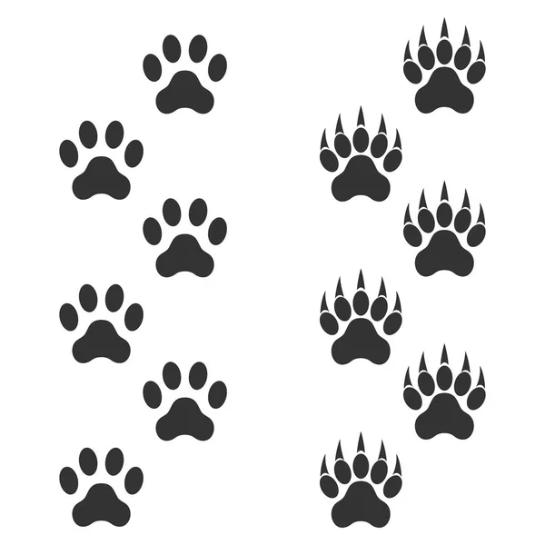 Pata de perro y pata de tigre con garras. Rastros animales. Huellas negras aisladas sobre fondo blanco — Vector de stock