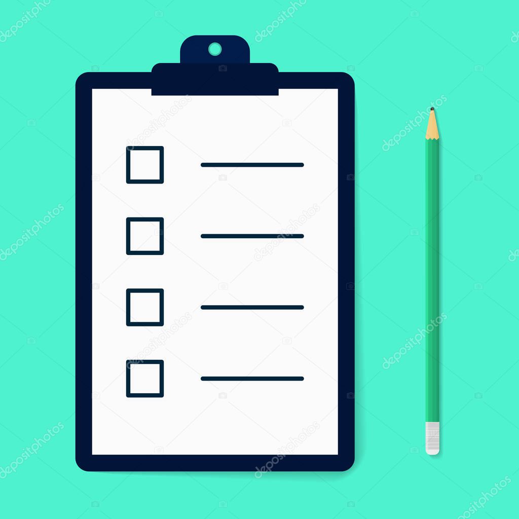 Ckecklist with pencil in carton style. Time managment. Flat syllabus. Clipboard with empty checkboxes