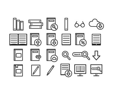 Kütüphane vektör simgeler kümesi. Kitaplar. Beyaz arka plan üzerinde izole vektör çizim