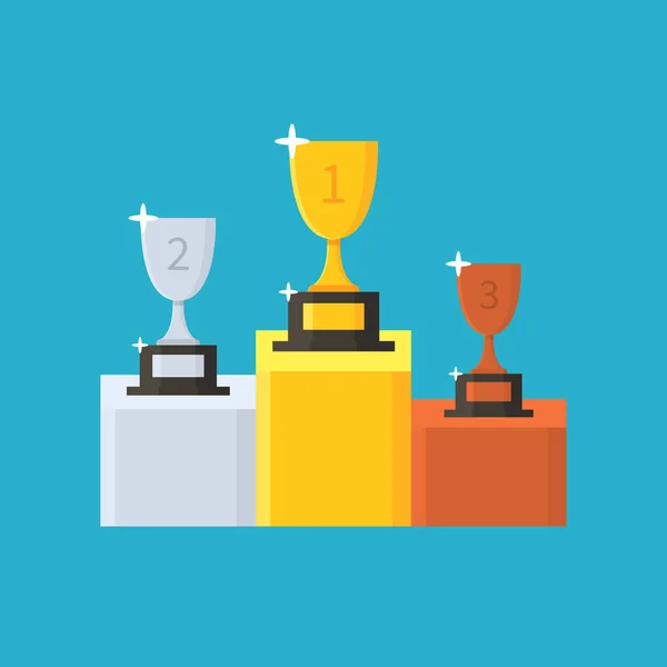 Collection of cups. Gold, silver and bronze winners trophy. Award. First, second and third place. Winner podium — Stock Vector