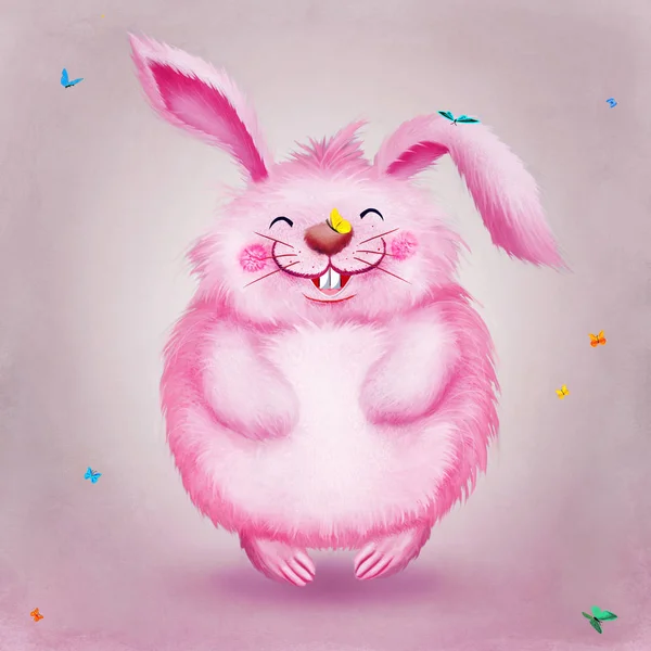 Carino divertente coniglio rosa con farfalle. Buona Pasqua a te stesso. — Foto Stock
