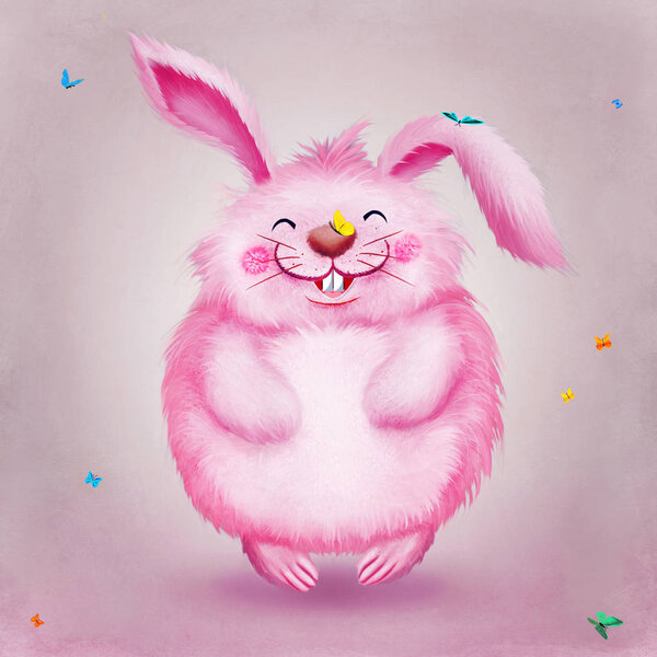 Cute funny pink rabbit with butterflies . Have Yourself a Very Happy Easter — Stock Photo, Image