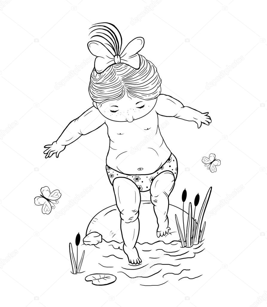Line art illustration  of a small   girl  on a stone takes a step into the water