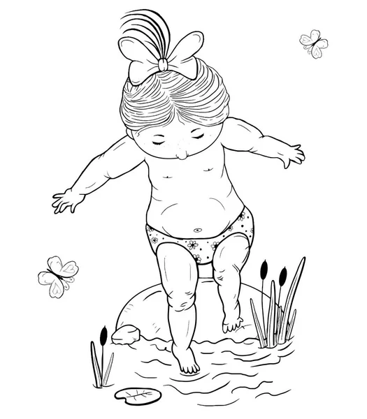 Vector line art illustration  of a small   girl  on a stone takes a step into the water — Stock Vector