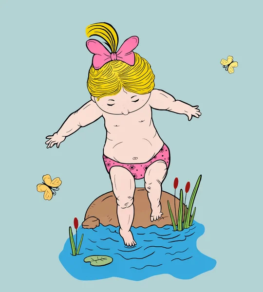 Ilustração de arte de linha vetorial de uma menina pequena em uma pedra dá um passo na água — Vetor de Stock