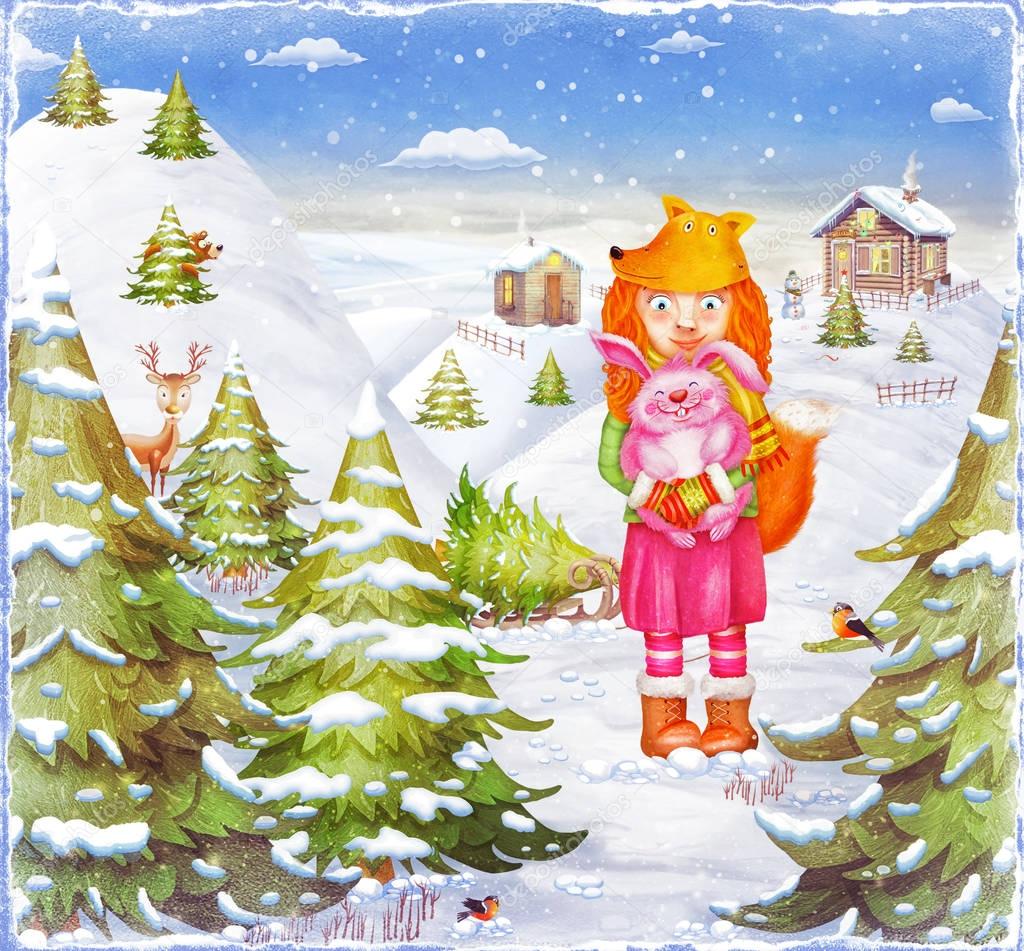 The young beautiful girl fox  with cute little pink rabbit  in forest