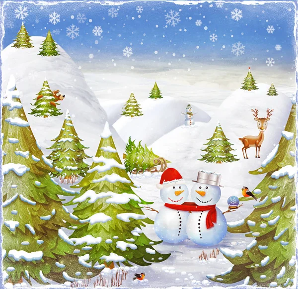 Winter holidays landscape with snowmen ,animals and fir-trees on the glade — Stock Photo, Image