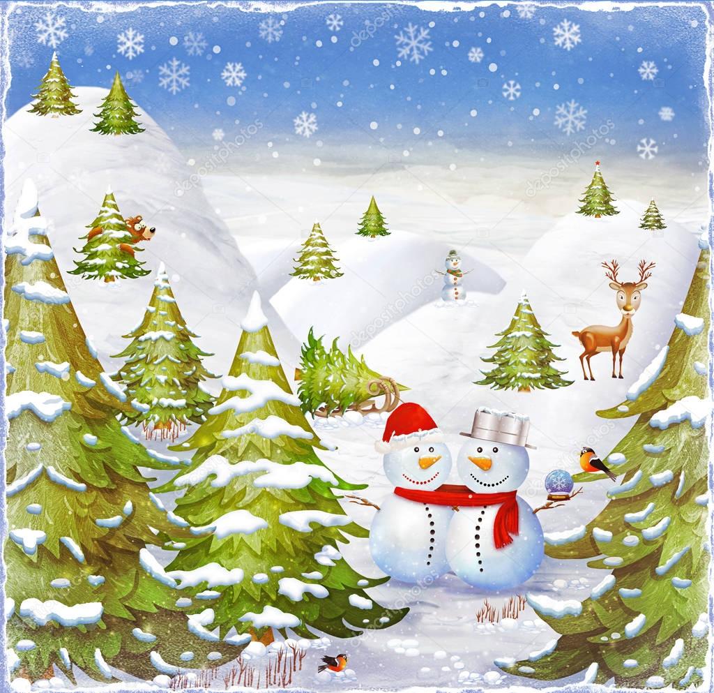 Winter holidays landscape with snowmen ,animals and fir-trees on the glade 