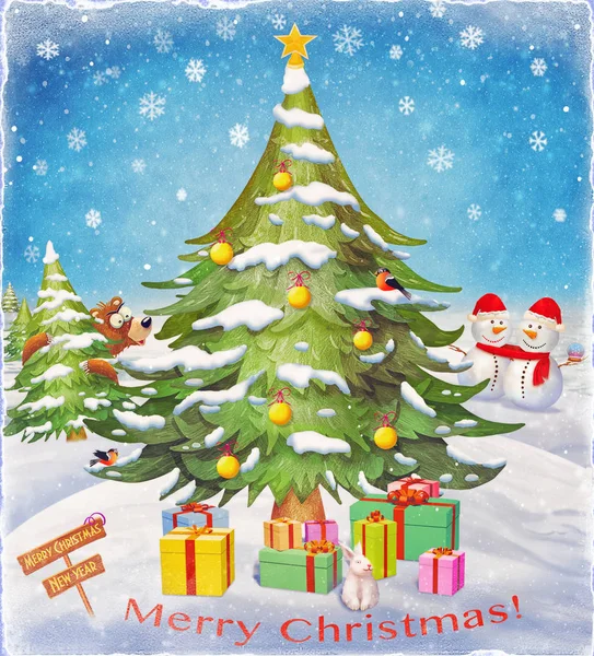 Weihnachtsbaum und Schneeflocke im Schnee mit Geschenken Winterfeier Postkarte für die Weihnachtsgrüße Feiertage und Neujahr — Stockfoto