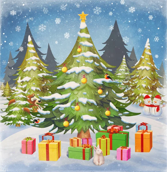 Árvore de Natal e Floco de Neve na neve com presentes cartão postal de celebração de inverno para as férias de saudações da temporada e ano novo — Fotografia de Stock