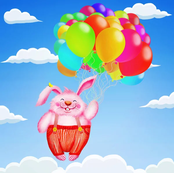 カラフルな風船で空を飛ぶかわいいウサギ — ストック写真