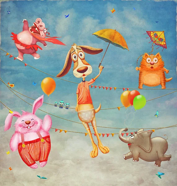 Cute animals flying  in  the sky. Illustration art — Stock Photo, Image