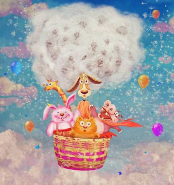 Gökyüzünde bir hava balonu komik dost hayvanlar