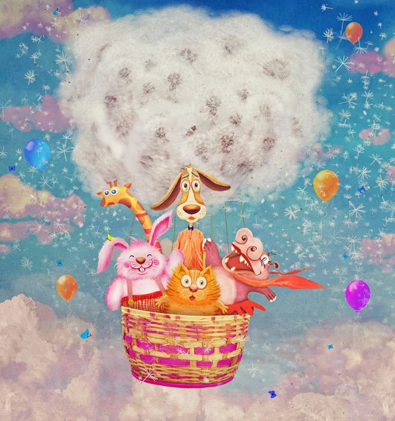Morsomme, vennlige dyr i en luftballong på himmelen – stockfoto