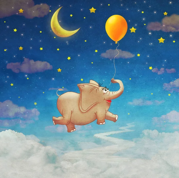 Cute small  elephant flying at colourful air balloon in the sky — Stock Photo, Image