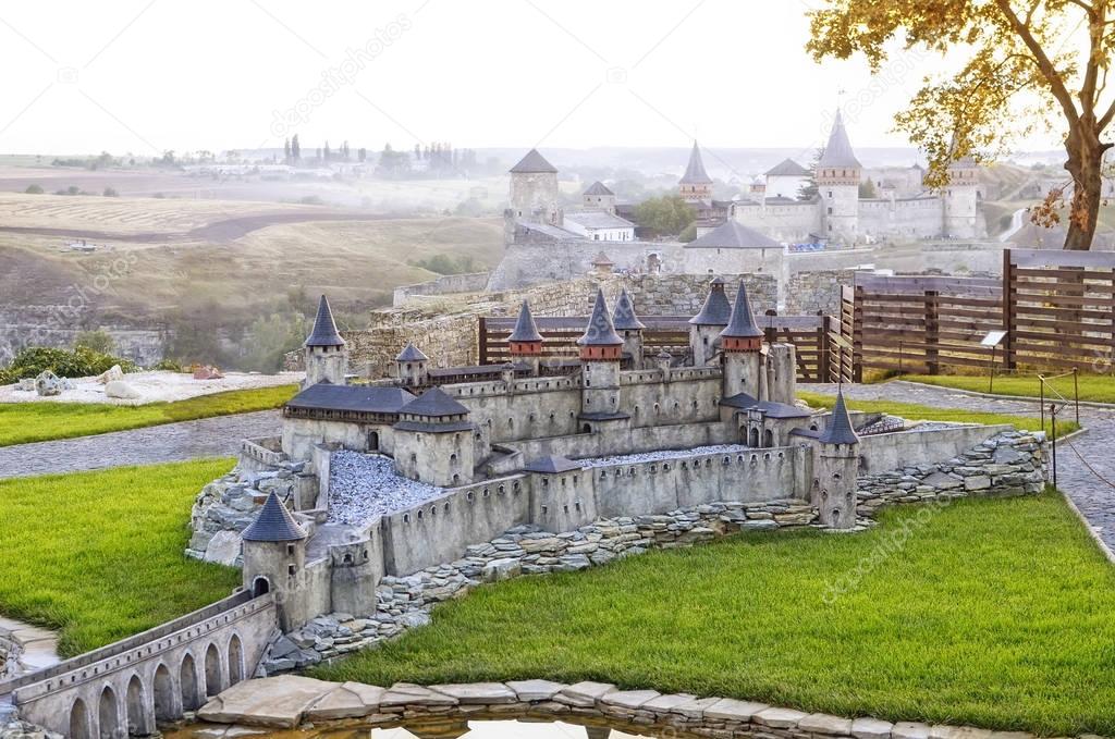 View on  the miniature model of old medieval Kamianets-Podilskyi Castle