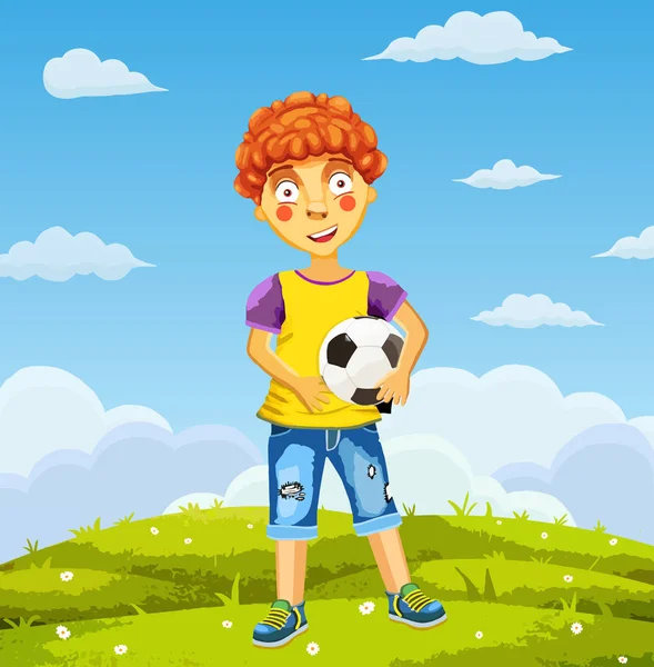 Vector illustratie kunstwerken-kleine jongen met shirt en korte voetballen op een weiland — Stockvector