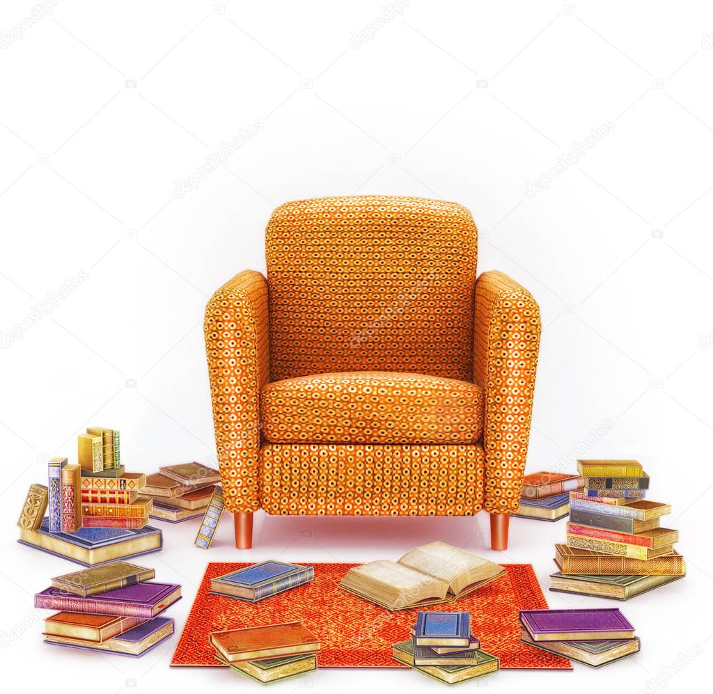 Cozy elegant interior of living room with an armchair , carpet and many books 