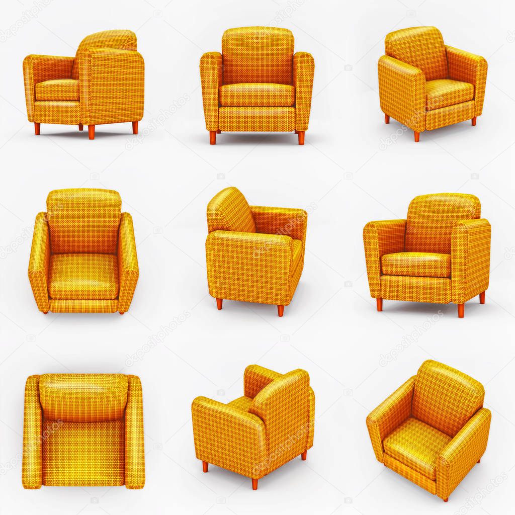 Set of  colored  yellow armchairs on white background 