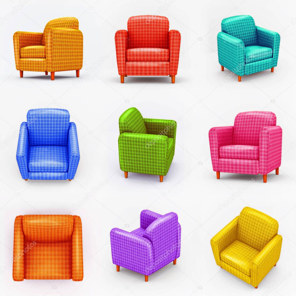 Set of  colored   armchairs on white background  
