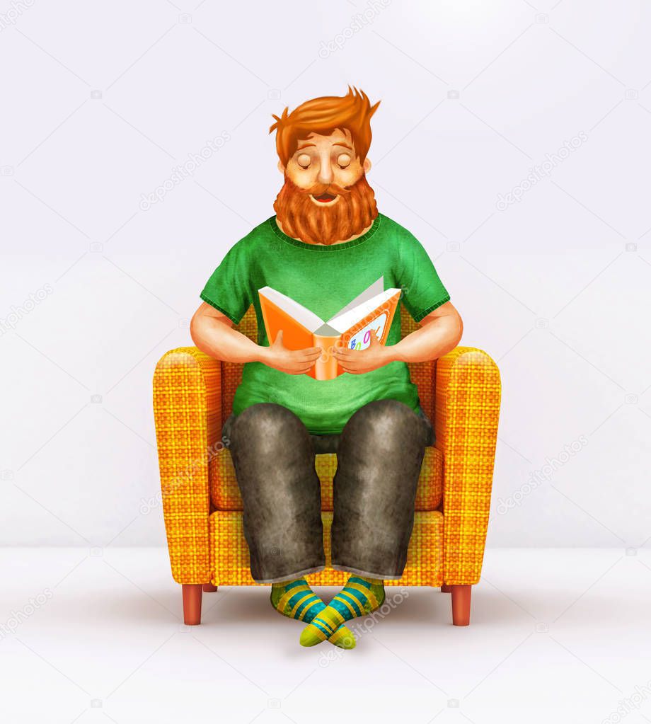 Cartoon yellow    armchair with young man reading a book  isolated  on white background
