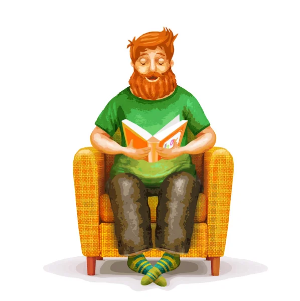 Vector Cartoon Yellow Armchair Young Man Reading Book Isolated White — Stock Vector