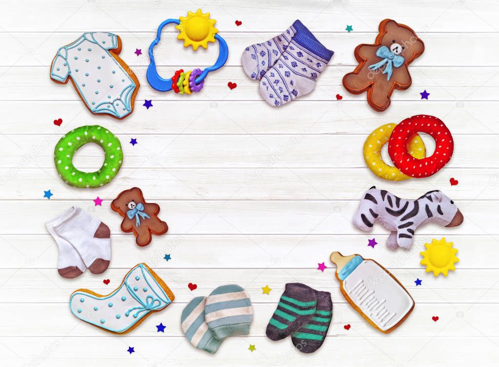 Tasty baby newborn cookies decorated with glaze in box.Top view ,concept art