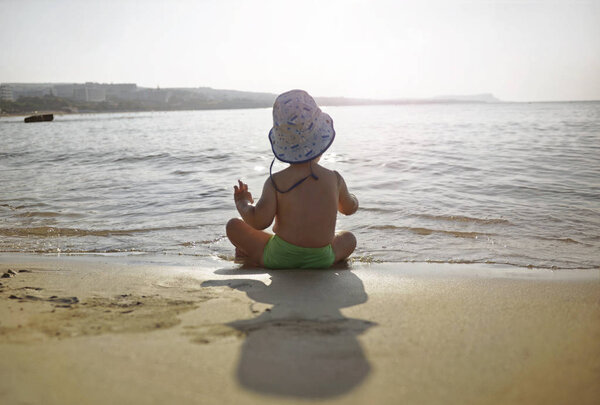 Small Child Kid Boy Sitting Beach Beautiful Summer Day Looking Royalty Free Stock Images