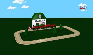 Tahta tren istasyonu, raylar ve engeli olan çocuklar için. 