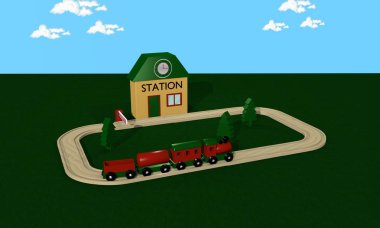 Tahta tren istasyonu, raylar ve engeli olan çocuklar için.