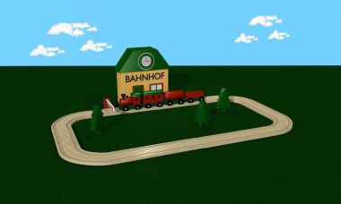 Tahta tren istasyonu ve raylar olan çocuklar için.