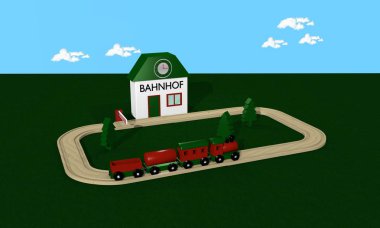 Tahta tren istasyonu ve raylar olan çocuklar için. Metin demiryolu 