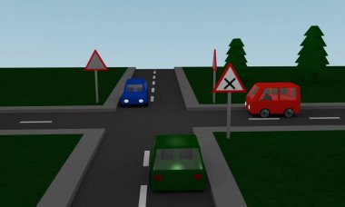 Yol işaretleri ve araba ile kavşak
