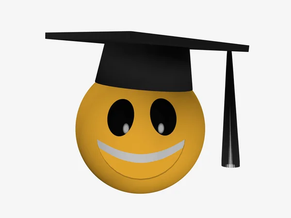 Laughing emoticon with high school hat. — Stock Photo, Image