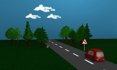 Köy yolunda orman, geyik hare ve araba ile.