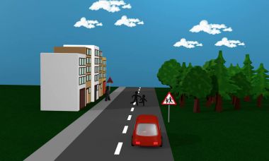 Caddenin karşısında çalışan çocuklu yol.