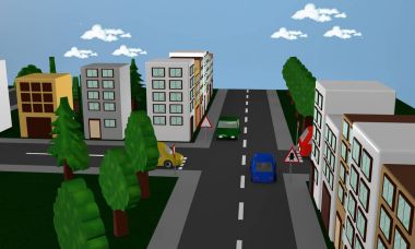 Arabalar, evler ve trafik işareti driveway ile sokak sahne.