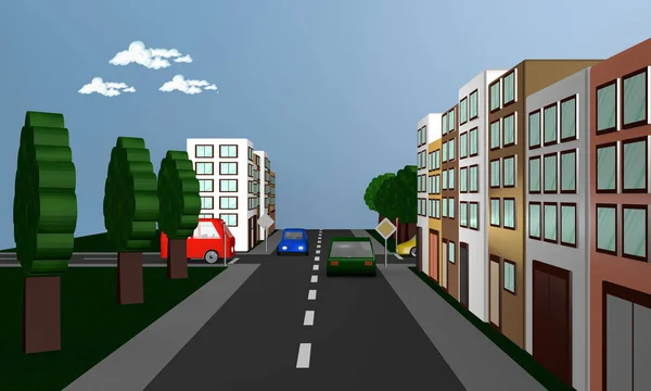 Street scene with cars, houses and the road sign road.
