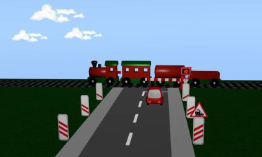 Tren, St Andrew's çapraz ve mesafe işareti ile demiryolu geçişi.