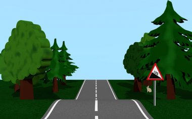 Köy yolunda yamaçları, ağaçlar ve tavşanlar